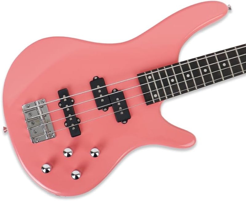 demusea electric bass guitar full size standard 4strings glossy pink 34inch scale length 24frets maple neck phoenix body fixed bridge 2V 2T control for beginner starter practice party show(PINK-YIB30) - Image 1